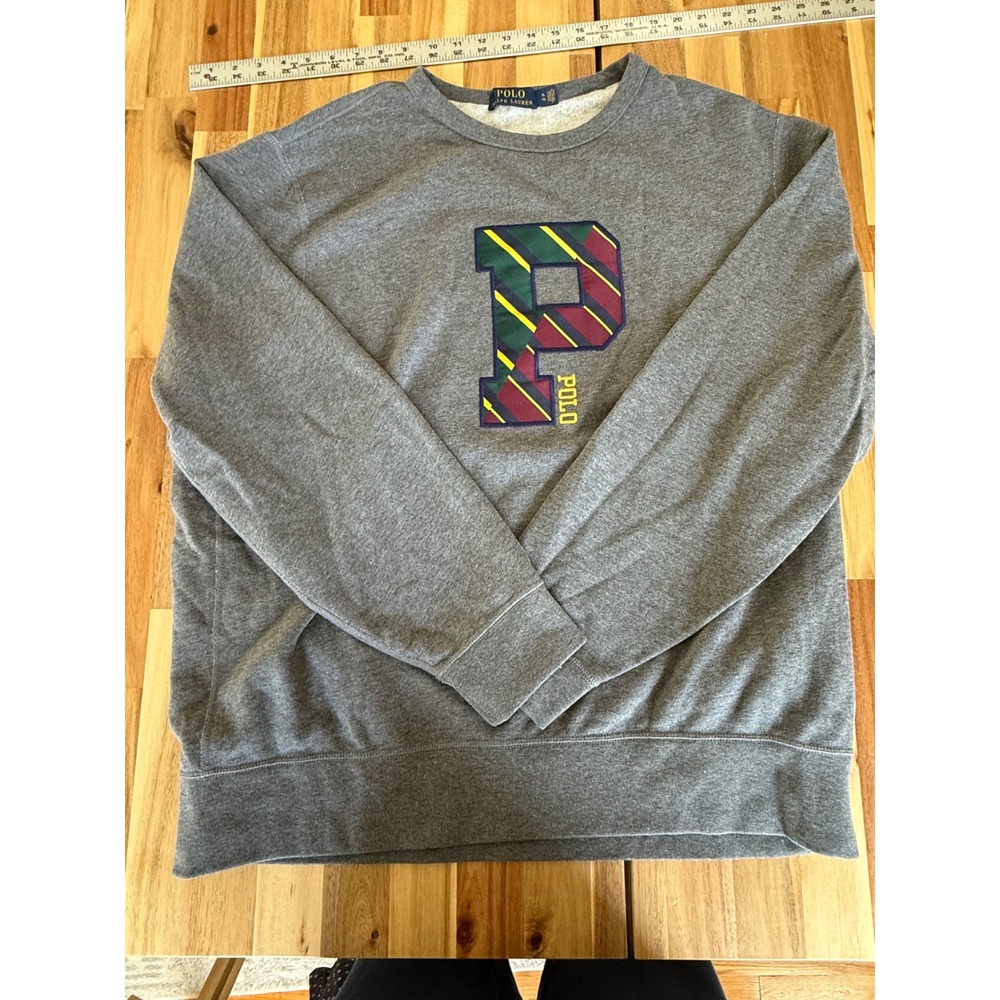Polo Ralph Lauren Men's P Patch Letterman Fleece Crewneck Sweatshirt Gray XL